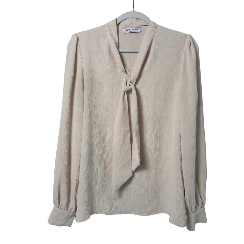 Kate Kasin Blouse Womens M Cream Bow Tie Neck Long Sleeve Top